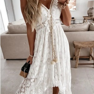 Bohemian Lace Hem Maxi Spaghetti Strap Dress | Boho dress | Summer Dress | Holiday Dress | Vacation Dress | Casual Dress