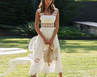 Boho Aushöhlen Spitzen Baumwollkleid | Boho Kleider | Sommerkleid | Festliches Kleid | Urlaubskleid | Boho Kleid | Hochzeit Party Kleid