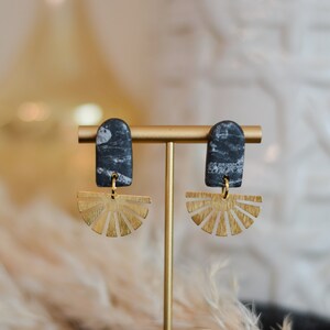 Marble + Brass Sunburst Arch Earrings I Lightweight Polymer Clay Jewelry