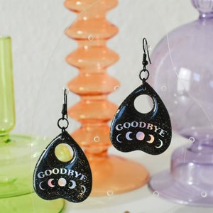 Ouija Planchette Holographic &quot;Goodbye&quot; Earrings, Halloween Clay and Resin Jewelry
