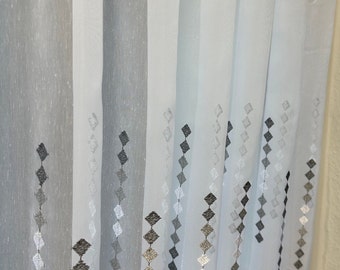 Stickerei Panel "Diamond" Weiß/, Anthrazit/Grau auf Voile Effekt Kurzer Vorhang Bistro Panel Vorhang Cafe Style Gardine - HILYMI