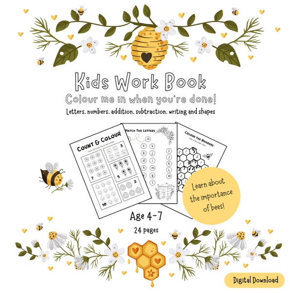 Bee Printable Worksheets, Kids Learning workbook, Educational, Preschool, Home school, Maths, Colouring, Tracing, Alphabet, Shapes, Year 1