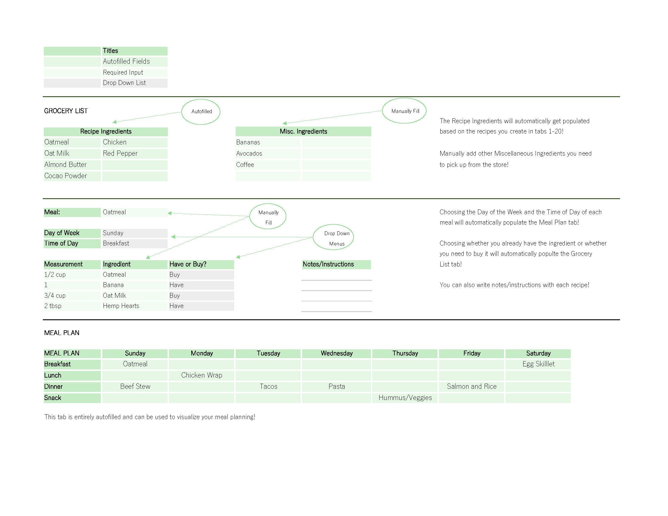 Grocery List, Meal Plan, Recipe Template (semi-automated!) - Etsy