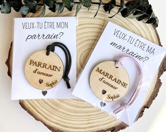 Cadeau proposition marraine, faire-part de grossesse grands-parents, demande marraine, parrain porte-clés en bois, demande de parrain, cadeau de baptême
