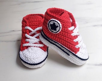 Baby Boy Booties, Baby Red Crib Shoes, New Baby Gift, Handmade Baby Sneakers, Baby Newborn Girl Shoes, Crochet Baby Booties, Birth Gift