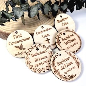 Etichette rotonde in legno personalizzate Etichette in legno all'ingrosso Etichette incise al laser per matrimoni, battesimi, prima comunione Medaglioni personalizzati con nome