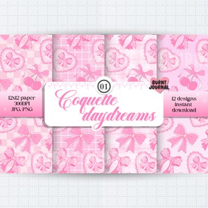 Könnte beinhalten: Ein Set mit 12 digitalen Papierdesigns mit rosa und weißen Herzen, Schleifen und Kirschen. Die Papiere sind 30,5 cm x 30,5 cm groß und haben eine Auflösung von 300 DPI. Der Text "Coquette daydreams" ist in einer rosa und weißen Schriftart gehalten. Der Text "BURNT JOURNAL" ist in schwarzer Schriftart.