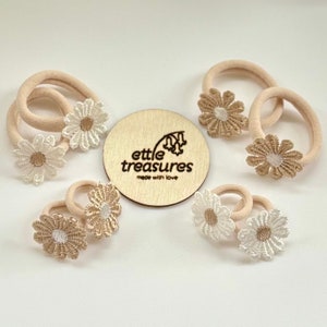 Baby toddler + children flower hairbands white beige soft hair bobble Set of two. Available in mini & regular band first hairbands fringe