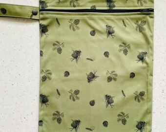 Wet dry large cloth nappy bag Waterproof swimming changing bag olive green pine cones