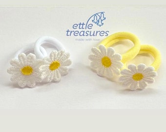 Baby toddler + children Daisy white & yellow mini hair bands soft hair ties bobbles pigtails bunches ponytail hair accessories Set of two.