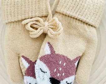 Toddler + children Mittens with string sewn in woollen warm cozy lining