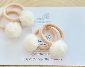 White  pom-pom hair bobbles toddler + children Set of two.