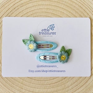 Blue embroidered flower blue snap hair clips handmade set of two