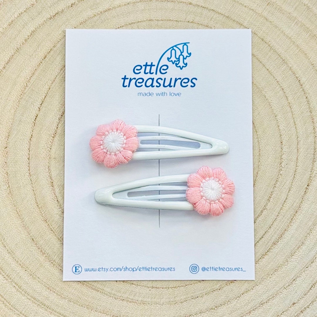Pink Embroidered Flower Snap Hair Clips Toddler Children Set of Two Etsy