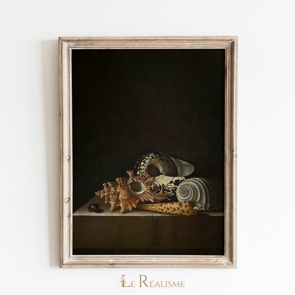 Antique Still Life Painting | Coastal Seashell Painting | Dark And Moody Printable Wall Art - no.0218