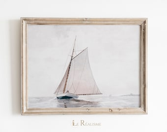 Muted Sailboat Watercolor Painting | Vintage Lake House Print | Printable Art  -  no. 0011