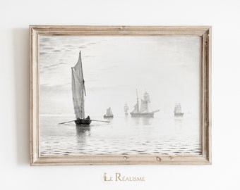 Vintage Sea Sailboat Drawing | Antique Seascape Print | Nautical Printable Wall Art - no.0227