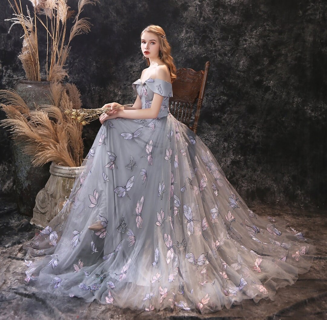 Fairytale Ball Gown Prom Dresses 2020 New Light Blue Beading Romantic  Flowers Off the Shoulder Vestidos De Prom Gowns | Wish