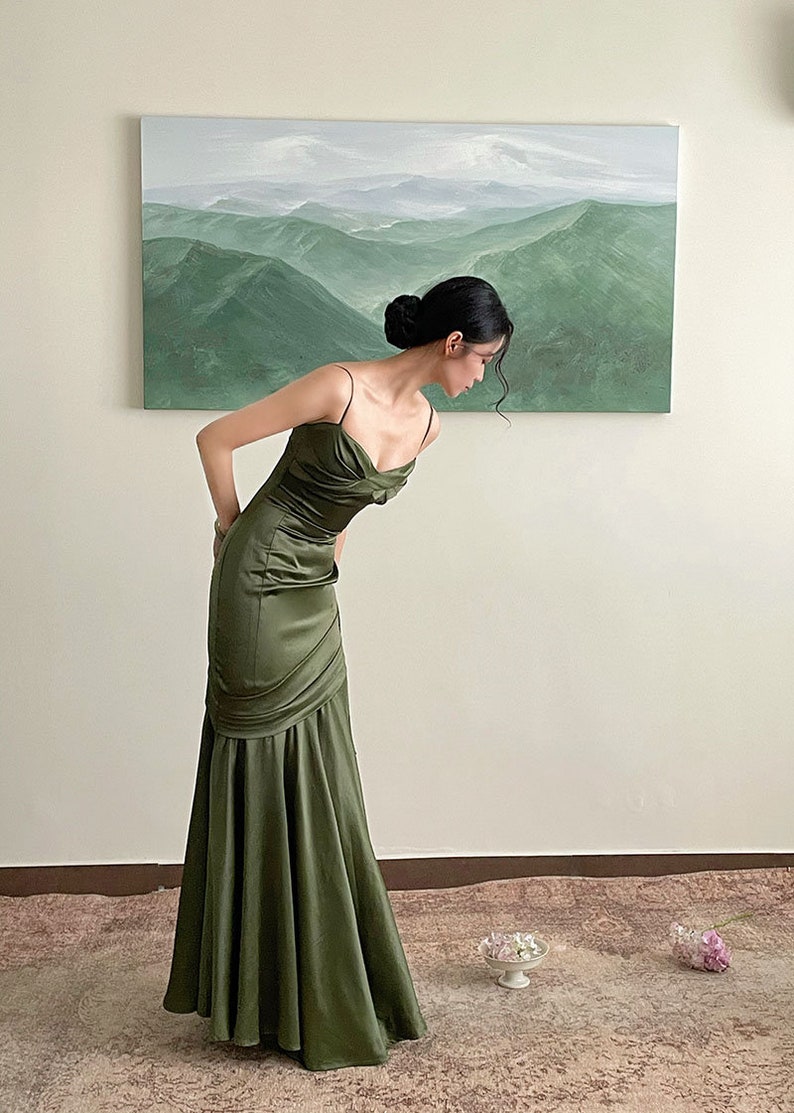 Green Satin Slip Prom Dress Evening Gown Graduation Party Etsy