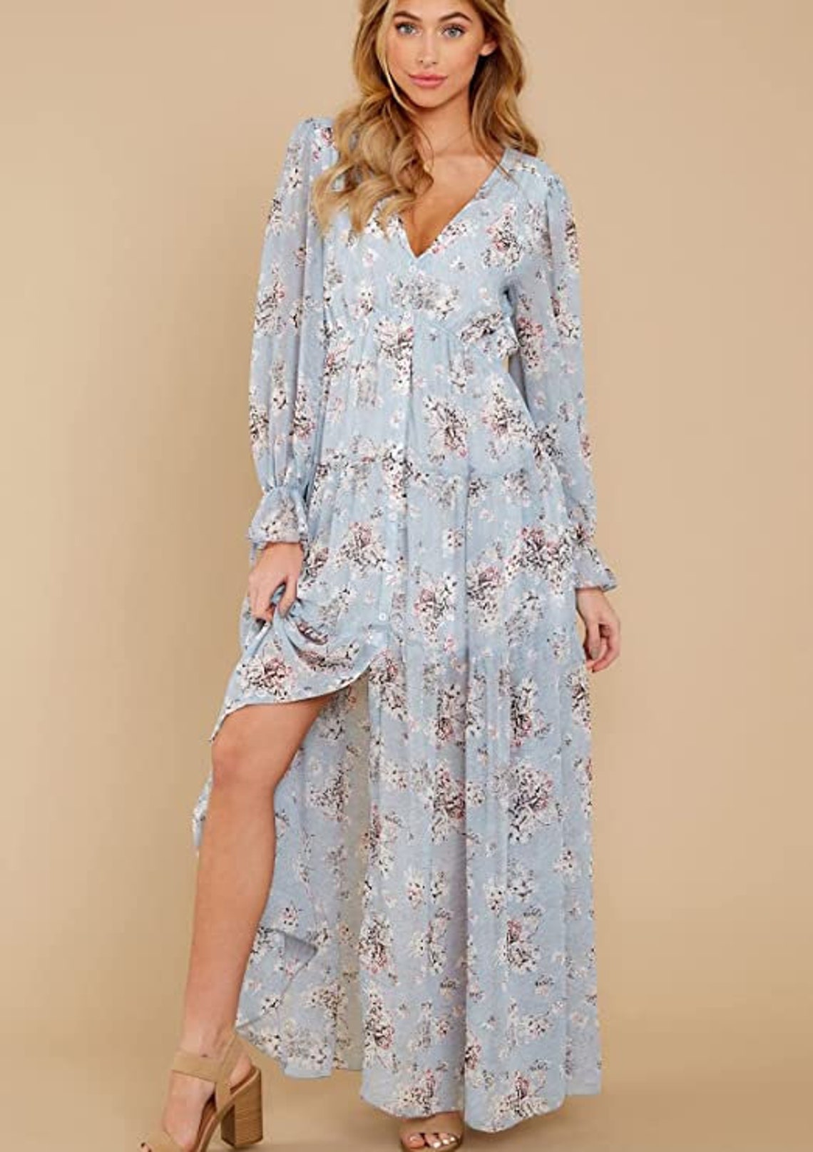 Women's Long Sleeve Floral Maxi Dress V-neck Casual Long - Etsy