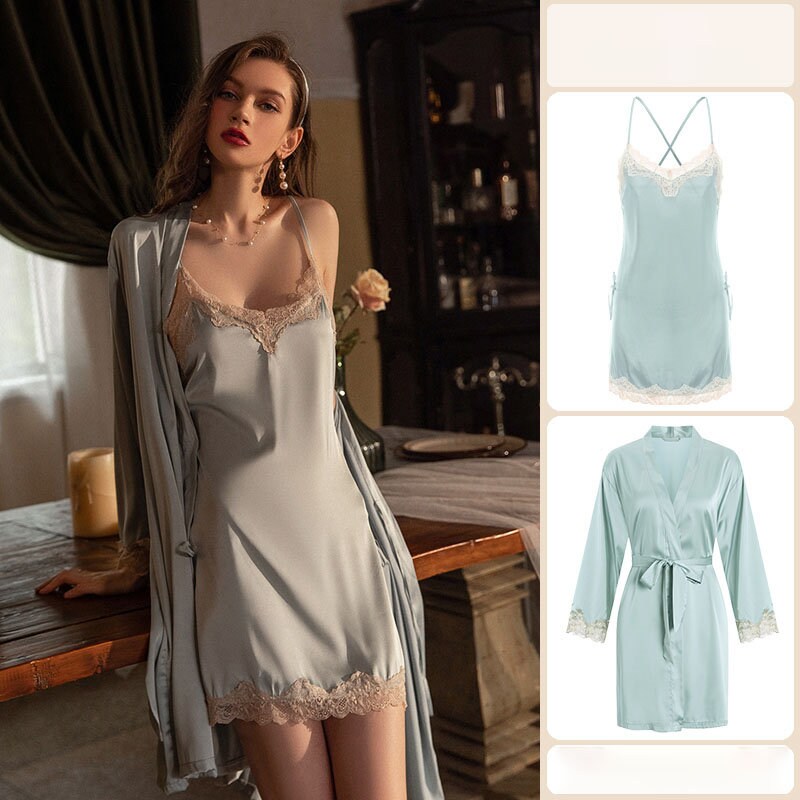 Elegant Satin Lace Peignoir Set With Long Robe Wedding Bridal - Etsy
