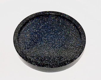 Black Holographic and Blue Glitter Round Resin Coaster