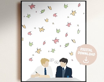 Könnte beinhalten: Digitaler Kunstdruck mit zwei Figuren in Schuluniformen, die an einem Schreibtisch sprechen. Die Illustration hat einen weißen Hintergrund mit fallenden Blättern in verschiedenen Farben. Ein rosa Kreis mit den Worten "DIGITALER DOWNLOAD" befindet sich in der Ecke.