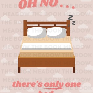 Puede incluir: Una ilustraci&oacute;n rosa y blanca de una cama con el texto "Oh no... solo hay una cama." La cama es marr&oacute;n con almohadas blancas y un colch&oacute;n beige. El fondo es rosa con nubes blancas.