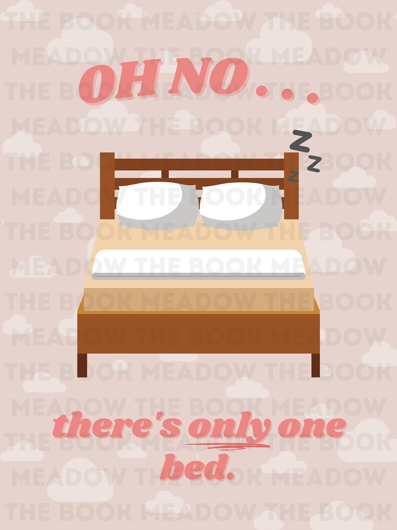 Puede incluir: Una ilustraci&oacute;n rosa y blanca de una cama con el texto "Oh no... solo hay una cama." La cama es marr&oacute;n con almohadas blancas y un colch&oacute;n beige. El fondo es rosa con nubes blancas.