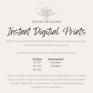 Pu&ograve; includere: Testo "Instant digital prints" con una nota che indica che questo &egrave; un download digitale da stampare da soli. Nessun articolo fisico verr&agrave; spedito. Cinque diverse dimensioni sono disponibili all'acquisto: 8 x 10 pollici, 11 x 14 pollici, 16 x 20 pollici, carta A4 e carta A3.