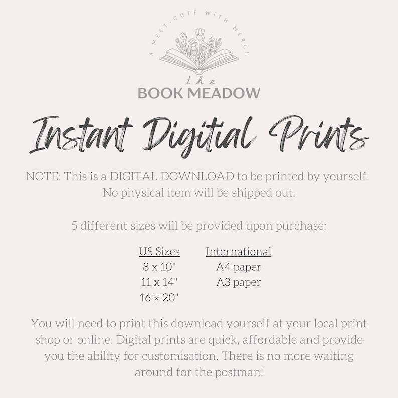 Pu&ograve; includere: Testo "Instant digital prints" con una nota che indica che questo &egrave; un download digitale da stampare da soli. Nessun articolo fisico verr&agrave; spedito. Cinque diverse dimensioni sono disponibili all'acquisto: 8 x 10 pollici, 11 x 14 pollici, 16 x 20 pollici, carta A4 e carta A3.