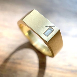 Classic Design Signet Ring, 4X2 MM Baguette Cut Lab Diamond Wide Band Men's Ring, 14k Yellow Gold Satin Finish Ring, Handcrafted Wide Band