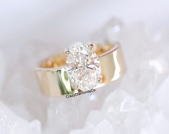 Bague diamant moissanite taille ovale 2 carats, superbe bague de fiançailles diamant taille ovale décalée sur un anneau de cigare, bague de mariée solitaire unique