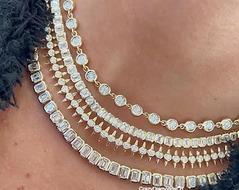Emerald Cut Moissanite Diamond Bezel Set Necklace, Round Cut Diamond Joint Link Wedding Choker, Unique Designer Necklace, 14k Yellow Gold