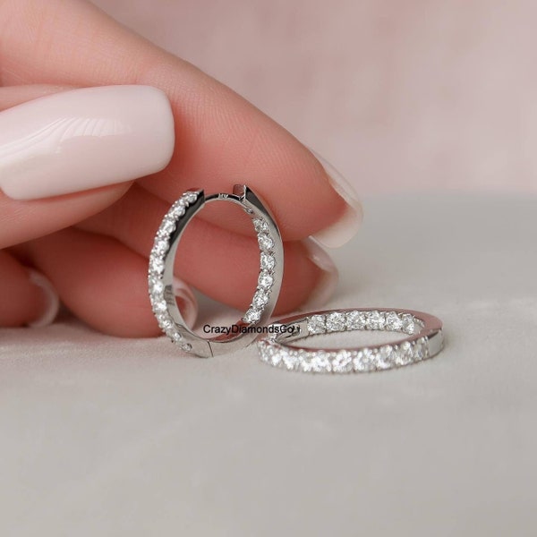 Moissanite Inside Out Hoop Earrings 2 mm Round Brilliant Cut Moissanite Hoop Earrings 14k White Gold Stud Hoop Diamond Hoop Gift Earrings