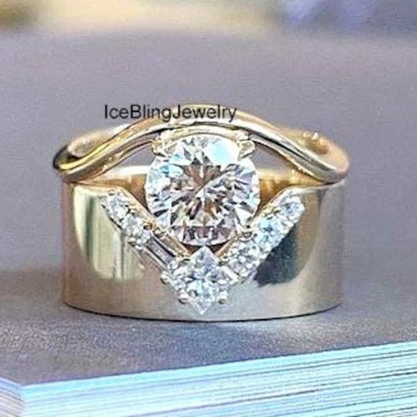 7mm Round Cut Eye Shape Ring, Elegant Bridal Wedding Set, With V Shape Cluster Wide Band Ring, 18k Solid Yellow Gold Ring Set, Designer Ring