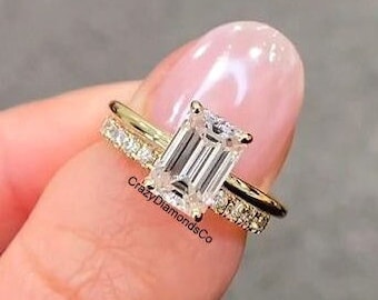 Breathtaking 8x6 MM Emerald Cut Moissanite Diamond Wedding Ring, Solid 18k Yellow Gold With Matching Band, Solitaire Bridal Ring Set Gift