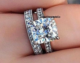 Channel Set Pave Bridal Ring Set, 10mm Cushion Cut Colorless Moissanite Diamond Engagement Ring, Paired With Channel Set Matching Band