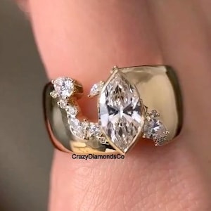 Breite Zigarrenband aus 18K Gelbgold, 12 x 6 mm Marquise-Schliff Lünette Set Moissanite Verlobungsring, herrlicher Cluster-Diamantring, klobiger Ring