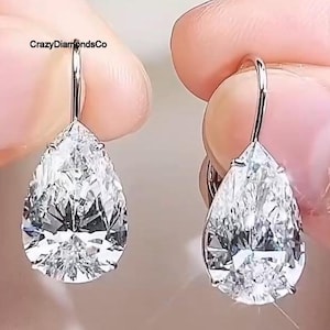 Tear Drop Danlge Drop Earrings, 14X10 mm Each Diamond Pear Cut Moissanite Diamond Earrings, Leverback Casual Wear 14k White Gold Earrings