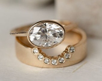 Bague diamant moissanite taille ovale sertie clos horizontal, avec large anneau diamant cigare, parure d'alliances pour mariée moderne, or jaune 14 carats