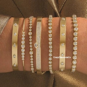 Round Cut Bezel Set Tennis Bracelet, 5X3 mm Pear Cut Moissanite Diamond Flush Set Bangle, Daily Wear Engagement Bracelet, 14k Yellow Gold