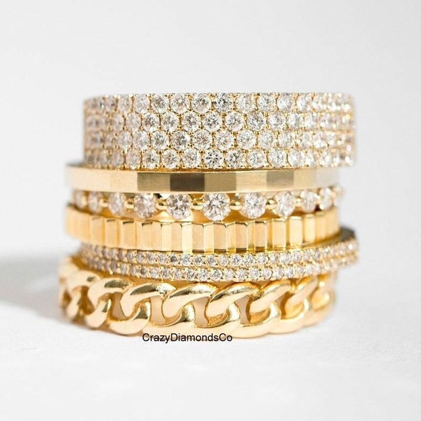 Four Row Stackable Half Eternity Band, Metal Fluted Geometric Design Band, Round Lab Diamond Two Row Half Way Band, Chunky Curb Chain Band