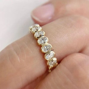 Oval Cut Lab Diamond Ring, Oval Diamond Wedding Band, 14k Solid Yellow Gold Band, Stacking Wedding Band, Full Eternity Bezel Set Band