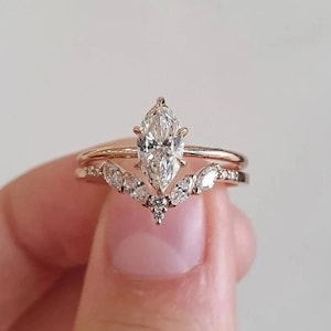1 CT Marquise Cut Solitaire Ring, Solitaire Ring With Curved Wedding Band, Bridal Ring Set, Anniversary Ring Set, Bridal Wedding Ring Set