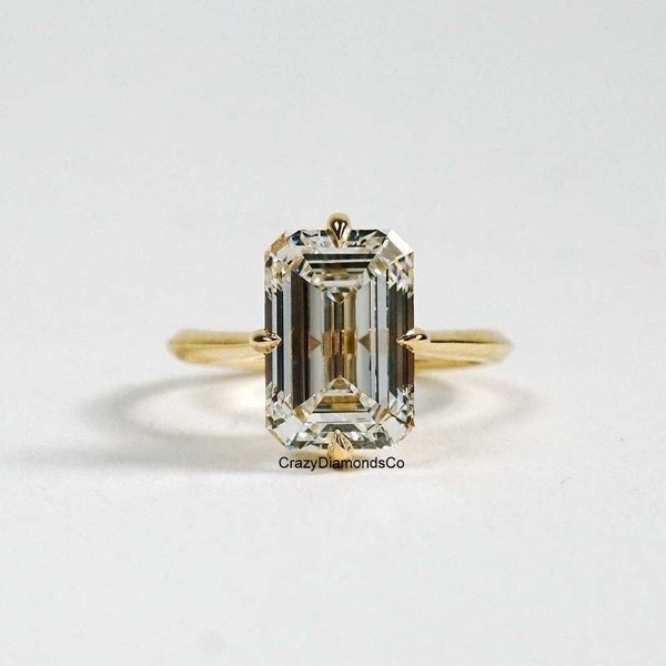 Knife Edge Style Ring, Compass Prong Ring, 5.34 CT Emerald Cut Moissanite Engagement Ring, Hidden Halo Ring, Solid 14k Gold Solitaire Ring