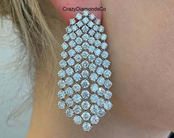 3.50 MM Round Cut Diamond Earrings, Moissanite Diamond Tassel Chandelier Earrings, Chain Link Style Long Dangle Earrings, Gift For Her