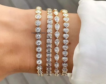 Bezel Set Multi Shape Diamond Bracelet, Round & Emerald Cut Tennis Bracelet, Moissanite Diamond Bracelet, 14k Yellow Gold Channel Bracelet