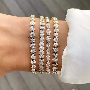 Bezel Set Multi Shape Diamond Bracelet, Round & Emerald Cut Tennis Bracelet, Moissanite Diamond Bracelet, 14k Yellow Gold Channel Bracelet