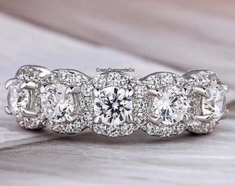 3.50 MM Round Cut Moissanite Diamond Half Eternity Band, Five-Stone Halo Wedding Band, Bridesmaid Cluster Wedding Band, Solid 14k White Gold